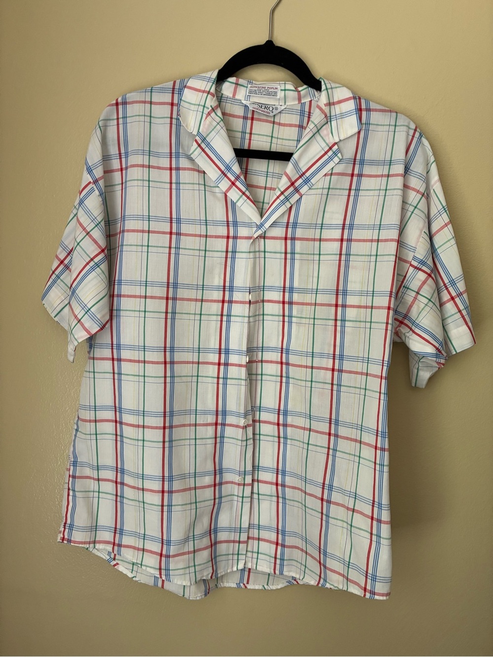 Women’s White Plaid Short-Sleeve Button Front Blouse with Red & Blue Stripes